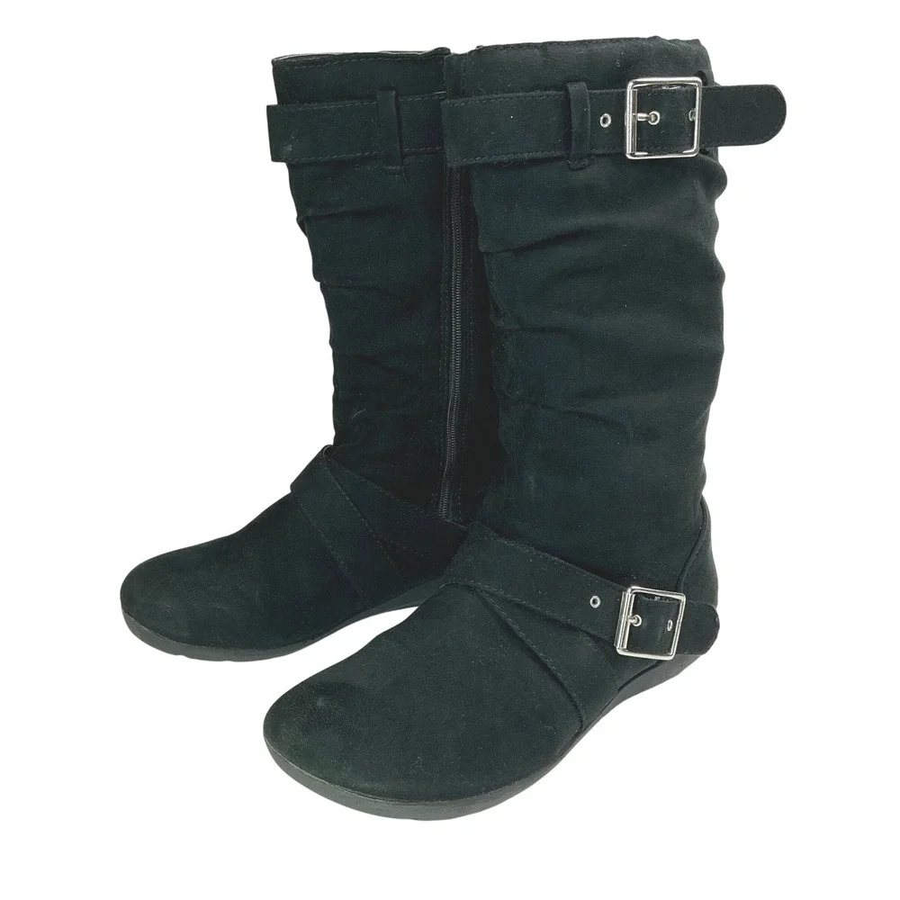 Zodiac Black Slouchy Buckle Boots Kids Size 3 Mid Calf Side Zip 77045 1